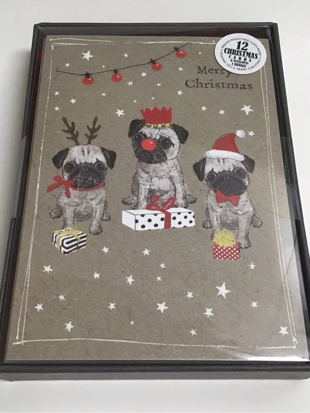 Pug Red Nose Reindeer Merry Christmas Cards SET OF 12 Envelopes 4x6” NEW BOXED